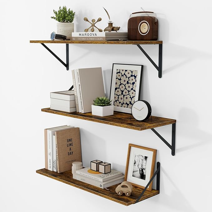 Vivelove Deep Floating Shelves for Wall, 24W x 8D Wood Wall Shelves Set of 3, Wide Floating Bookshelf for Living Room, Kitchen, Office, Bedroom and Decor Storage, with Metal Bracket - Rustic Brown