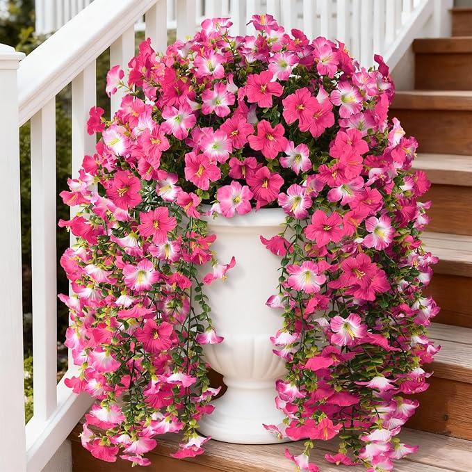 Artificial Fake Flowers Plants for Outdoor Spring Summer Decoration,2 PCS Faux Silk Morning Glory with Eucalyptus Leaves,UV Resistant Realistic Outdoor Flowers for Balcony Porch Patio Yard Garden