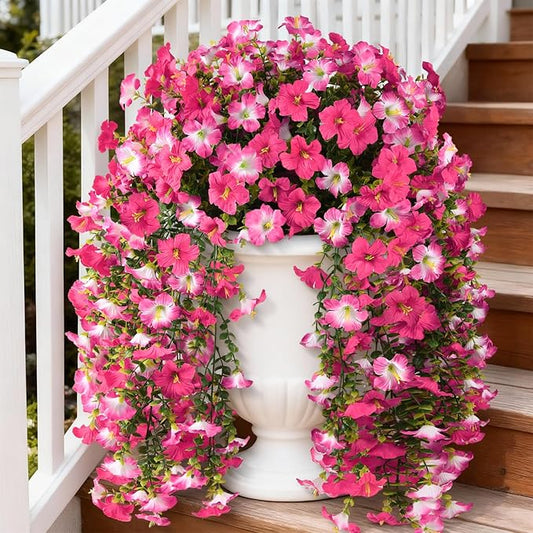 Artificial Fake Flowers Plants for Outdoor Spring Summer Decoration,2 PCS Faux Silk Morning Glory with Eucalyptus Leaves,UV Resistant Realistic Outdoor Flowers for Balcony Porch Patio Yard Garden