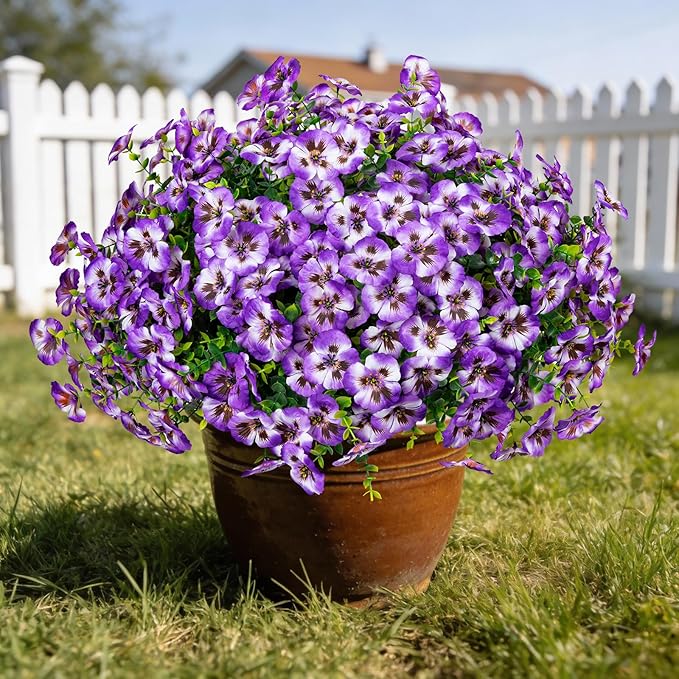 24 Pcs Artificial Fake Pansy Flowers for Outdoor,Faux Silk Plants Flowers UV Resistant Pansies Spring Flowers for Planter Front Door Porch Yard Patio garden Window Box Home Decor(Purple White)