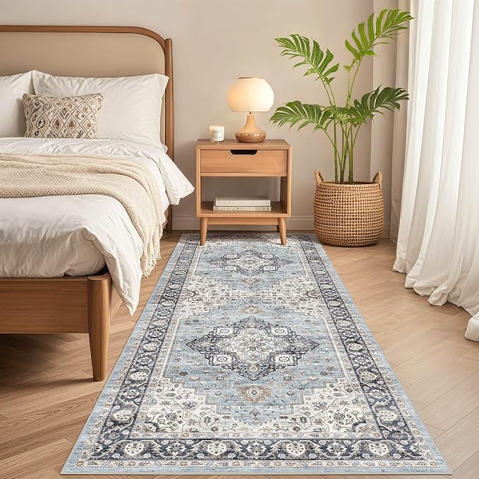 Runner Rug Kitchen Washable Rugs: 3x8 Non-Slip Boho Vintage Distressed Stain Resistant Indoor Neutral Farmhouse Throw Carpet for Hallway Bathroom Laundry Room Entryway Bedroom- Blue Tan