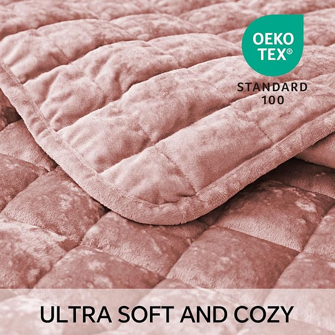 BEDELITE Velvet Quilt Set King Size - Luxury Soft Velvet Comforter Bedding Set for All Season, Lightweight Quilted Box Stitch Oversized Bedspread Coverlet with 2 Matching Shams, Shiny Dusty Pink