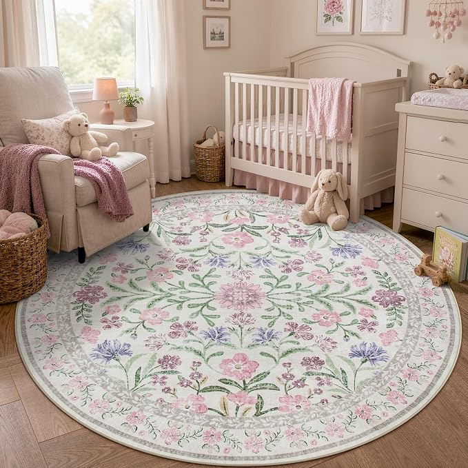Wonnitar Floral Purple Round Area Rug 5ft, Soft Washable Kids Room Rug, Boho Ultra-Thin Non Slip Circle Carpet for Bedroom Girls Nursery Dorm Living Room Classroom, Light Purple/Pink