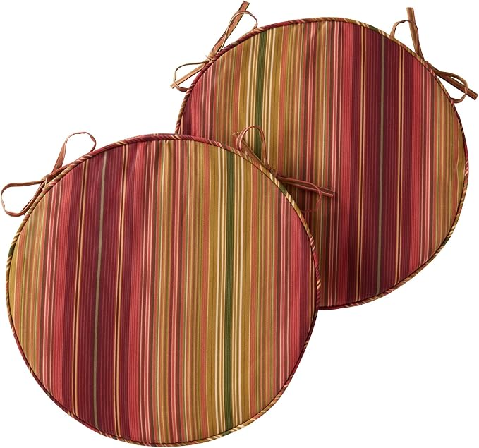 Set of 2 Outdoor 18 inch Round Patio Dining Chair Pads – Comfortable Fiber-Filled Seat Cushions with Ties, Reversible Polyester Fabric, Kinnabari Stripe