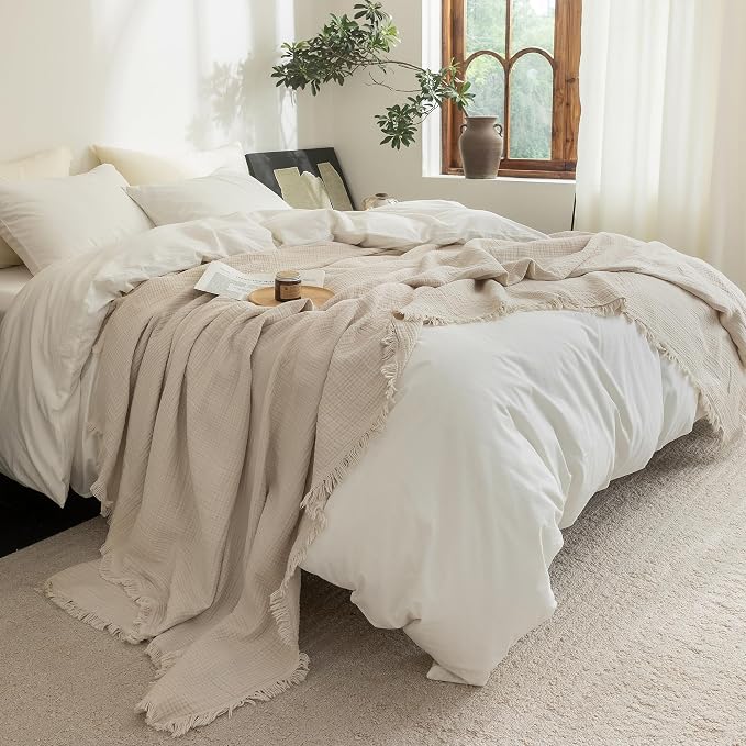 FOSSA Muslin Blanket 4-Layer 100% Cotton Gauze Blanket with Fringe 104"x90" | Super Soft Breathable Lightweight All Season & Decorative Blanket or Bed, Sofa, Office (Beige, King)
