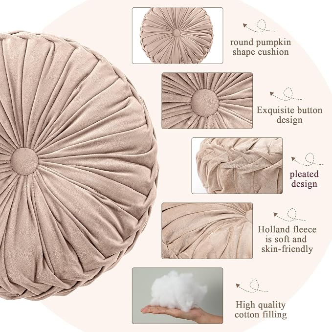 Drydiet 1 Pcs Round Throw Velvet Pillows Decorative Pleated Throw Pillows Diameter Accent Pumpkin Boho Chair Cushion for Couch Sofa Home Decoration (Greige,15'')