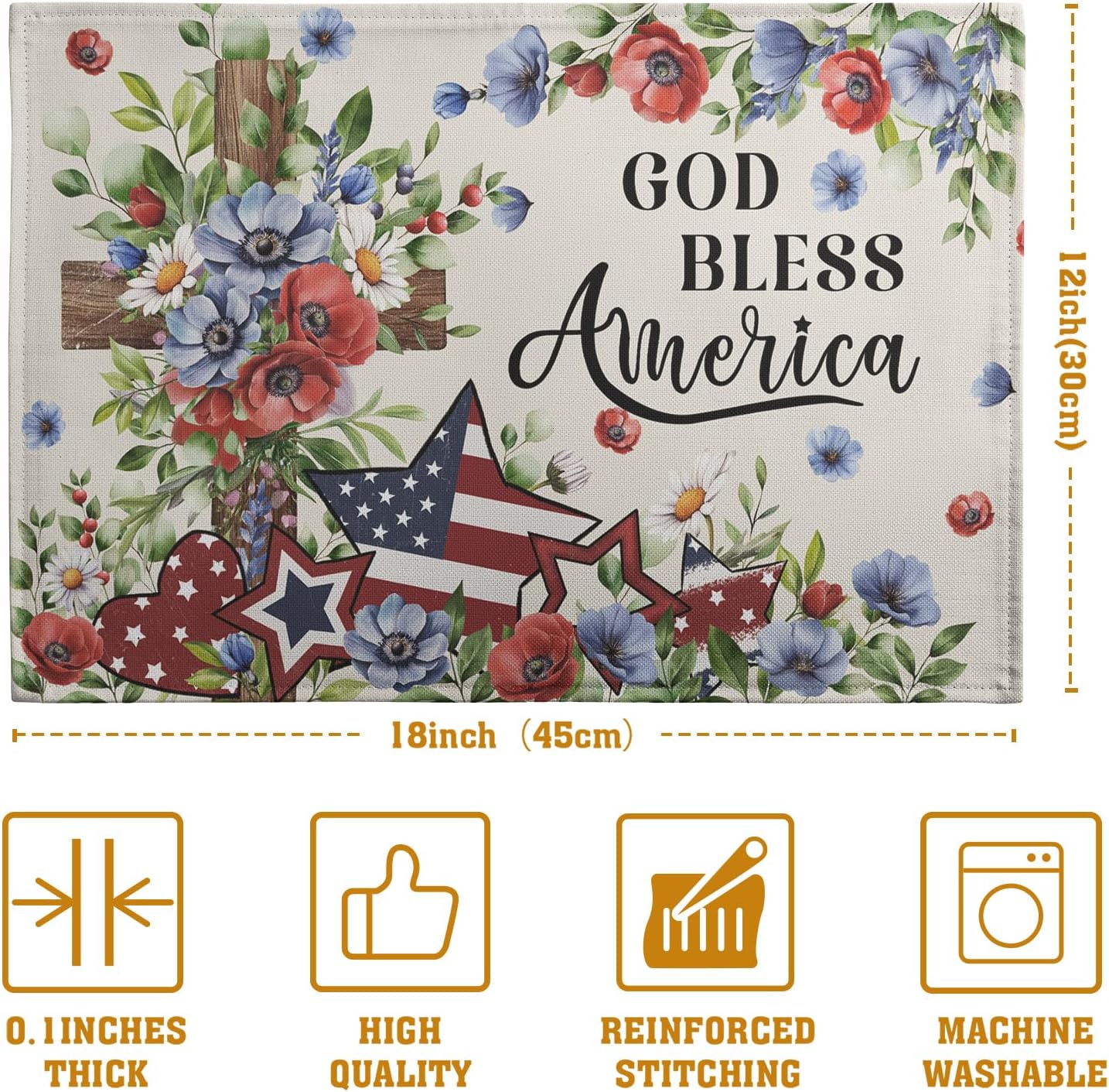 4th of July Placemats Set of 4 Patriotic Floral Cross Stars Independence Memorial Day Place Mats 12x18 Inch God Bless America Linen Fabric Table Mats for Party Kitchen Dining Decoration