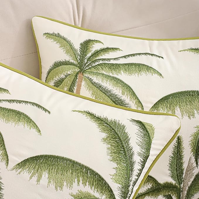 Palm Tree Decor Pillow Covers 18x18 Pack of 2 Boho Tropical Embroidered Throw Pillow Covers Summer Cushions Cases Farmhouse Square Pillowcases Spring Home Decor for Sofa Bed Living Room,Green