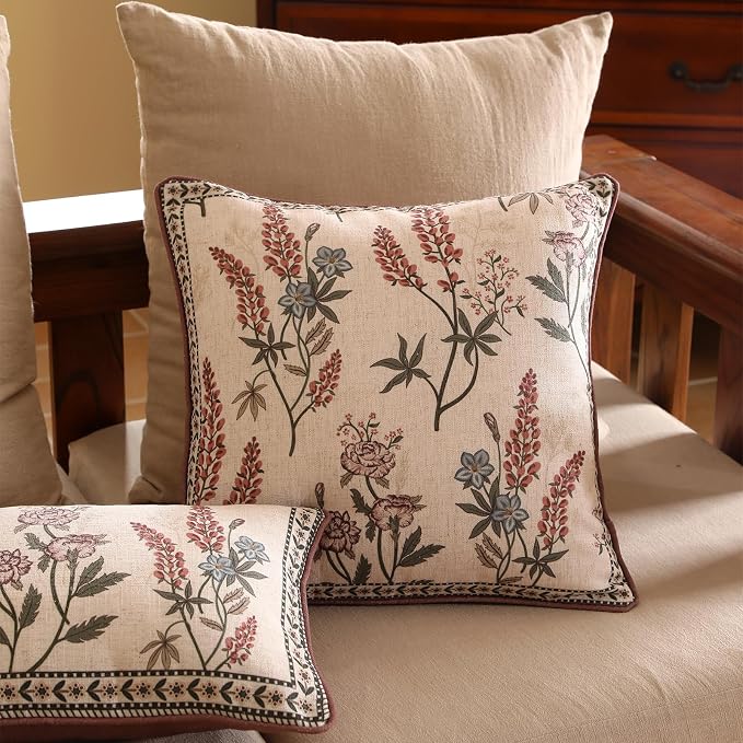 ISAENNE Designer Linen Throw Pillow Cover,Set of 2,18"x18"-Helena A | Vintage Elegant French Square Pillow Cover,Concealed Zipper Design,Floral Pattern,Sofas,Bedroom,Living Room,Lounge Chairs