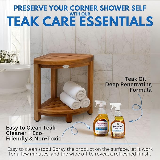 DecoTeak Teak Corner Shower Shelf – 2 Tier Waterproof Bathroom Storage Organizer Compact Wood Storage | Water-Resistant Design | Space Saver for Showers & Small Bathrooms | Shaving Foot Rest