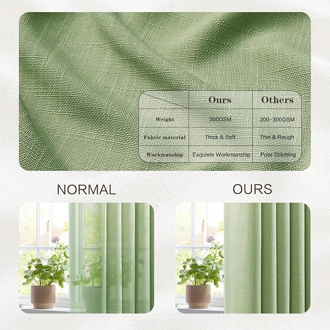 Sage Green Pinch Pleated Linen Curtains 84 Inches Long for Living Room, Light Filtering Pleat Drapes Textured Thick Memory Trained Semi-Sheer Boho Curtain with Hooks for Bedroom Farmhouse, 2 Panels