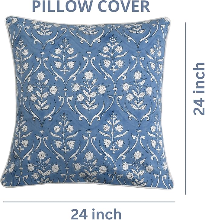 Ridhi Block Print Cornflower Blue Pillow Cover 24" x 24" (Pack of 2) Decorative Couch Pillows for Living Room, Chic Boho Cute Outdoor Pillows Covers Gifts for Spring, Easter and Valentine