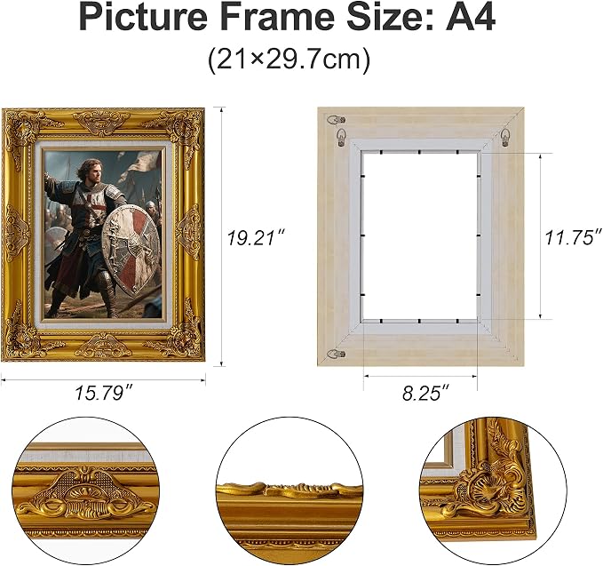 Classic Gold Vintage Picture Frames, Antique Ornate Gallery Wall Frame, Poster Frames for Canvas Painting, Artwork, A4 or 8.25x11.75 Frames without Acrylic Glass and Backing