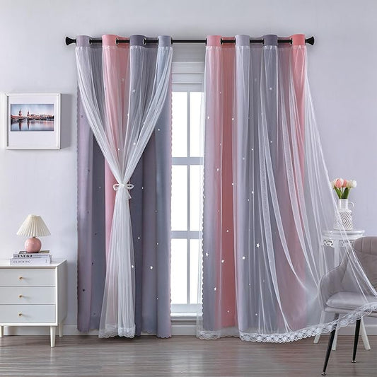 XiDi Pink Grey 54 Inches Curtains for Girls Bedroom 2 Panels Set, Blackout Rainbow Curtains for Kids Room Decor, Unicorn Wall Decals Drapes for Little Girl Nursery Room 52 Inches Wide