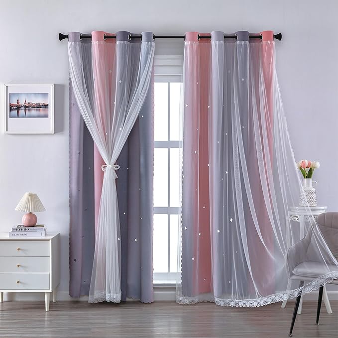 XiDi Grey and Pink Blackout Curtains for Girls Bedroom 54 Inch Length 2 Panels Rainbow Kids Grommet Window Drapes for Nursery Living Room Decro Princess Unicorn Wall Decals Pink Grey 34 Inches Wide