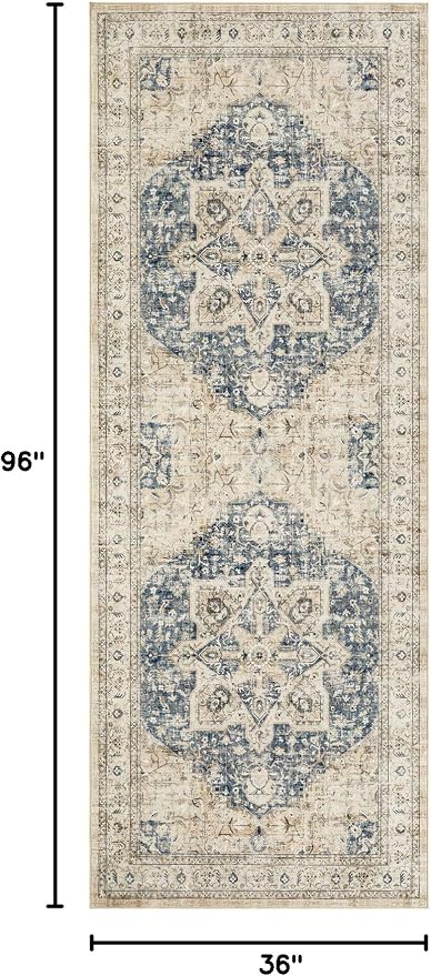 Tortania Area Rug 3x8 Runner Rugs - Washable Vintage Oriental Farmhouse Thin Indoor Carpet for Living Room Bedroom Hallway Entryway Kitchen Under Dining Table Home Office - Cream/Blue