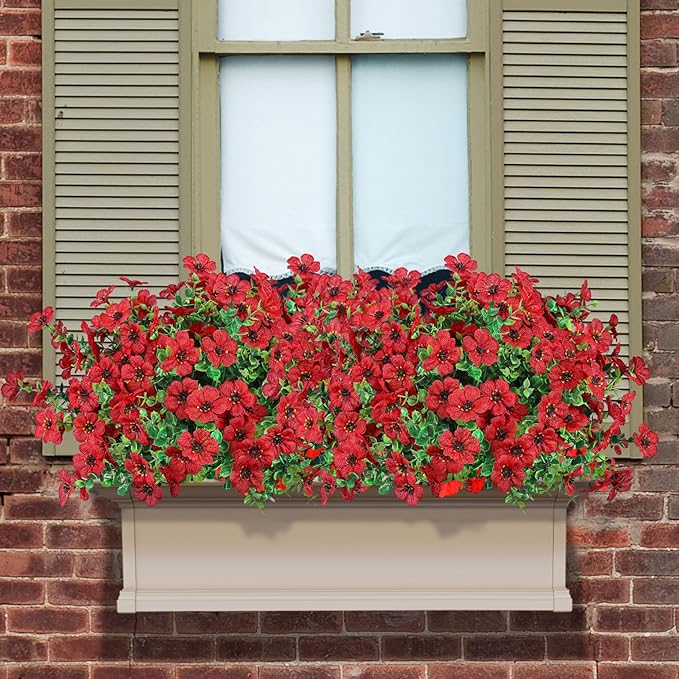 Ouddy Decor 12 Bundles Artificial Flowers for Outdoors Fake Silk Flowers UV Resistant Faux Plastic Plants for Spring Summer Garden Porch Window Box Table Vase Home Indoor Outdoor Decoration, Red