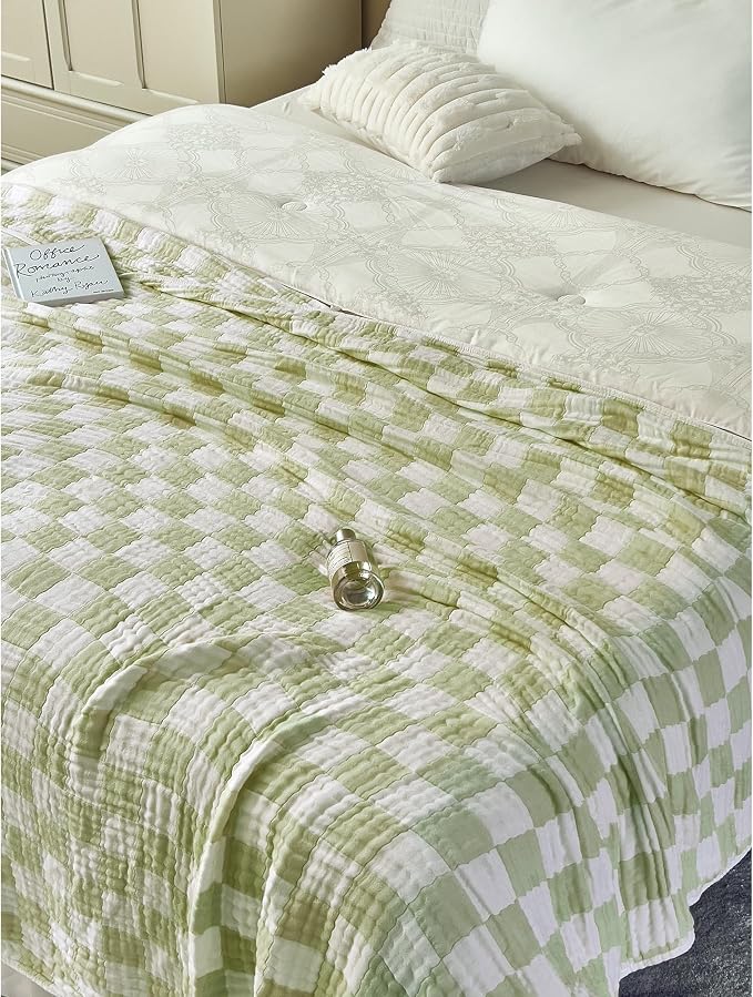 NIDITW Checkerboard Cotton Muslin Throw Blanket for Couch 6-Layer Checkered Gauze Blanket Soft Breathable All Season for Couch Bed Sofa (Matcha Green, King)