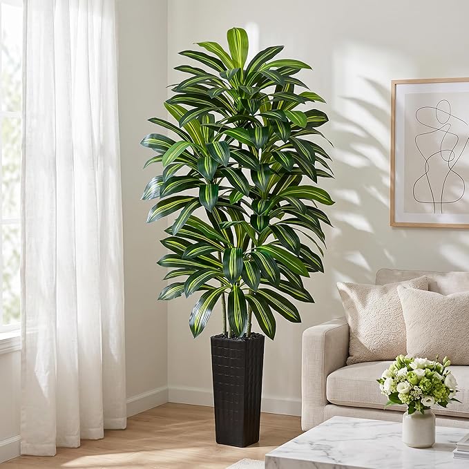 Artificial Dracaena Tree - 7FT Tall Fake Plants with Black Square Planter - Artificial Plants Indoor Floor Plant in Pot - Large Tropical Fake Yucca Potted Tree for Home Office Living Room Decor
