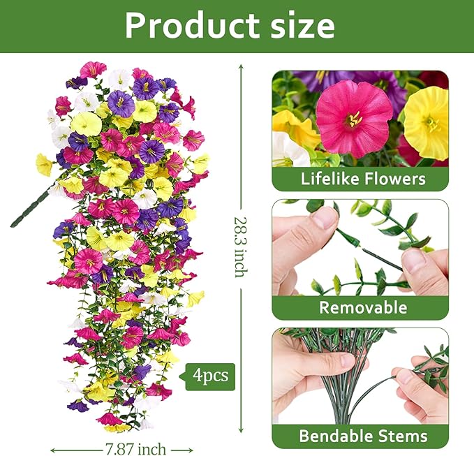 Serwalin Artificial Hanging Flowers for Outdoors UV Resistant, 4PCS Faux Morning Glory Fake Outdoor Flowers Realistic Silk Flower Plants for Outside Planter Front Door Porch Patio Yard Decor