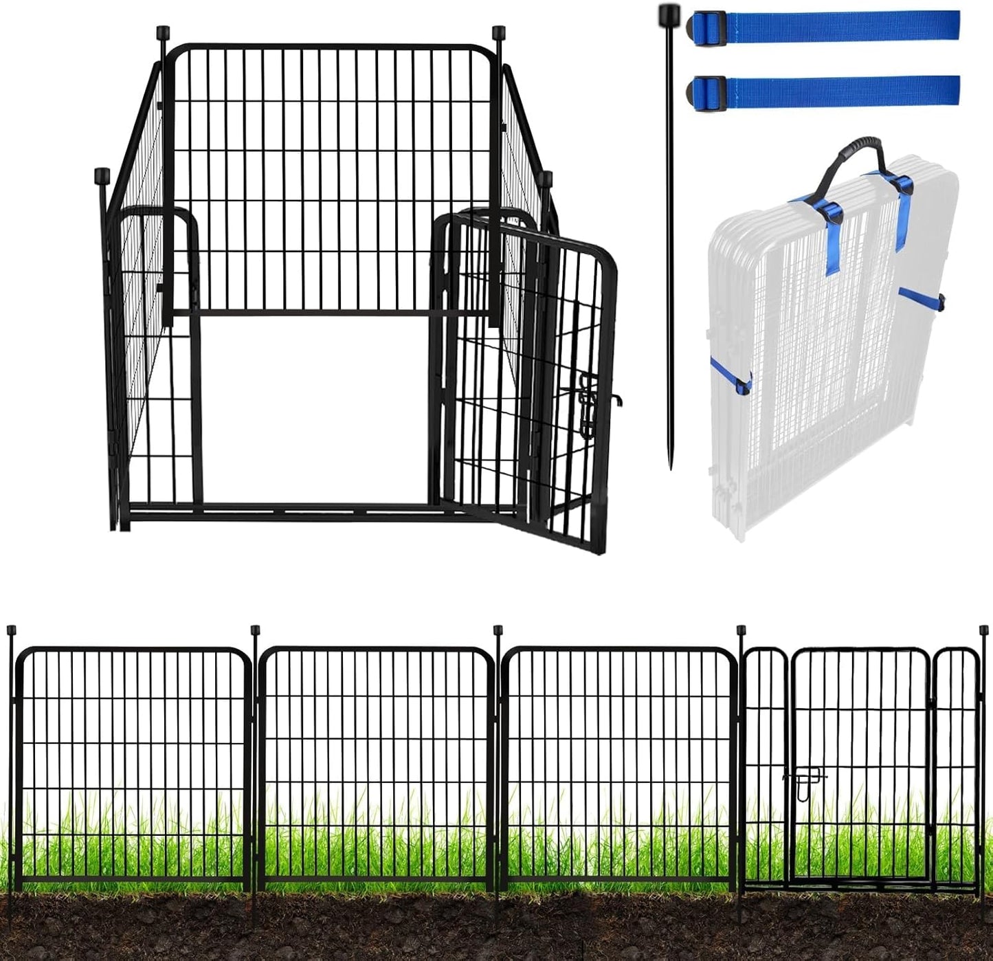 ADAVIN Tall Garden Fence with Low Threshold Door,54 in(H) 4 Panels Total 8.8 Ft(L) Fencing for Dogs, Garden Fence Animal Barrier, Black Iron Metal Heavy Duty Dog Fence Outdoor for Yard