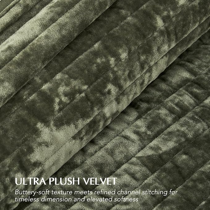 EverGrace Velvet Quilt Set Queen Size, Luxurious Soft Striped Channel Bedding Set, Lightweight Velvet Comforter for All Season, Quilted Bedspread Coverlet with 2 Matching Shams, Olive Green
