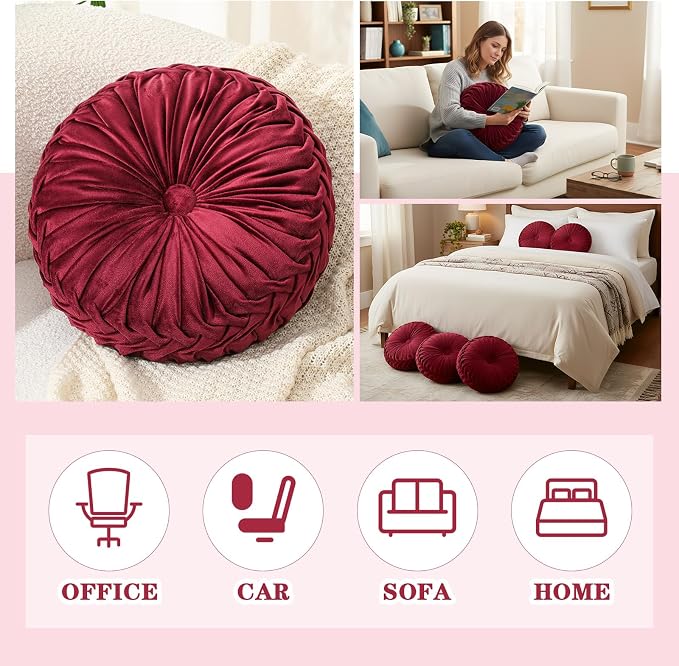 Drydiet 1 Pcs Round Throw Velvet Pillows Decorative Pleated Throw Pillows Diameter Accent Pumpkin Boho Chair Cushion for Couch Sofa Home Decoration (Burgundy,15'')