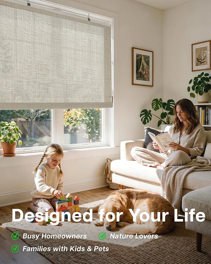 LazBlinds Manual Roll-up Bamboo Blinds, 46" W x 48" H, Star-Off White | Easy Install Roller Shades for Windows, Hook-On Light Filtering Bamboo Shades for Interior Indoor Windows