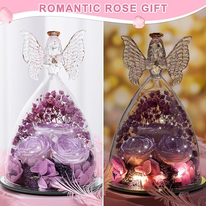 Mothers Day Rose Gifts for Women Preserved Real Flower in Glass Angel Figurines Roses for Delivery Prime Birthday Gifts for Mom Grandma Girlfriend Wife Her, Pearlescent Purple