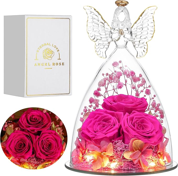 Mothers Day Rose Gifts for Women Preserved Real Flower in Glass Angel Figurines Roses for Delivery Prime Birthday Gifts for Mom Grandma Girlfriend Wife Her - Hot Pink
