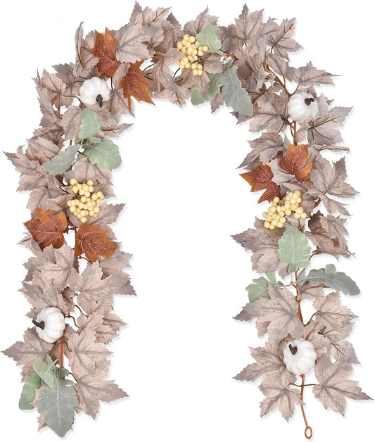 DearHouse Pumpkin Fall Maple Leaf Garland, 6Ft Hanging Vine White Maple Garland Artificial Autumn Foliage Thanksgiving Decor for Home Wedding Fireplace Party Christmas