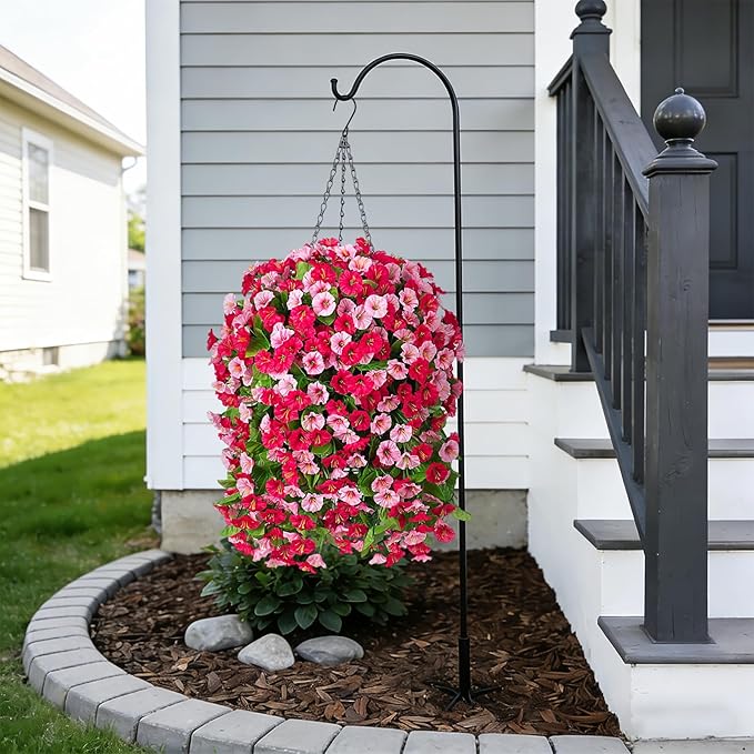 INXUGAO Artificial Fake Hanging Flowers Plants for Outdoor Decoration, 2PCS Faux Silk Morning Glory Long Vines Stems UV Resistant Look Real for Spring Summer Outside Home Porch Patio, Red Pink