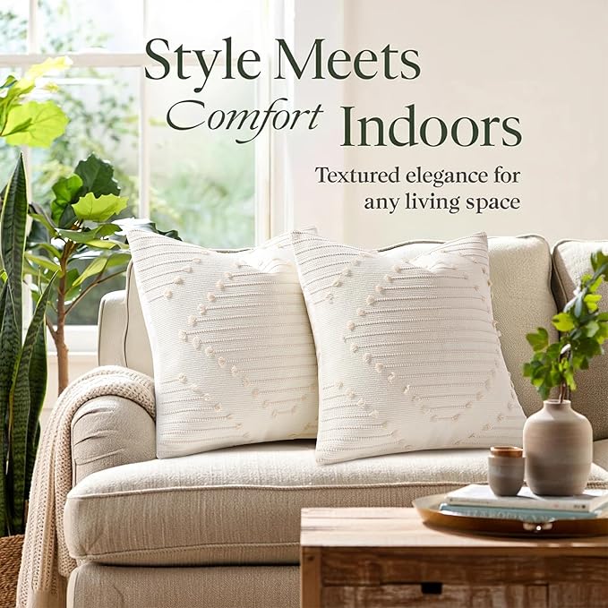 Mecatny Boho Outdoor Throw Pillow Covers 12X20 Set of 2, Farmhouse Lumbar Pillow Covers for Couch Sofa Living Room, Beige & Cream White