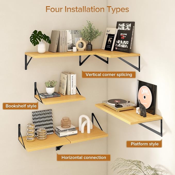 Acovy Deep Floating Shelves Wall Mounted, 48"x12" Oak Wall Shelves with Brackets Set of 2 for Bedroom, Living Room, Bathroom, Kitchen, Office - Storage & Display Shelf for Decor, Books, Plants