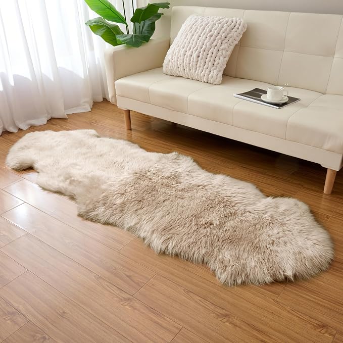 Premium Genuine Sheepskin Area Ruge - Real Wool Fur Shaggy Carpet | Fluffy Soft Natural Lambskin Rug Seat Chair Covers for Couch Sofa Bedroom Living Room(Beige,2×6 Feet Sheepskin)