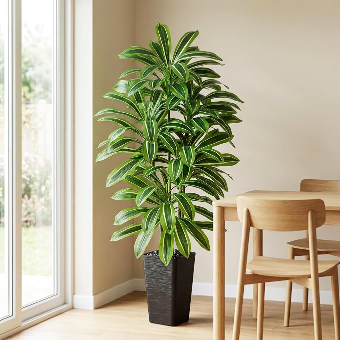 Artificial Dracaena Tree：6FT Faux Silk Tropical Yucca Floor Trees Realistic Fake Green Plant with Natural Wood Trunk & Lifelike Leaves for Home Office Decor Indoor & Outdoor (6FT,1-Pack,Black)