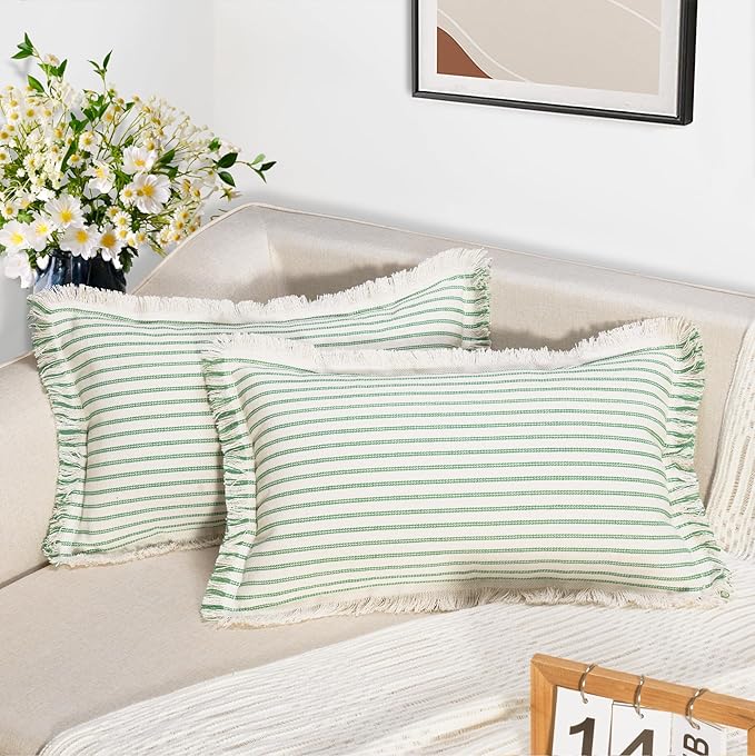 ZWJD Throw Pillow Covers 12x20 Set of 2 Green Striped Pillow Covers with Fringe Chic Cotton Decorative Pillows Square Cushion Covers for Sofa Couch Bed Living Room Farmhouse Spring Decor