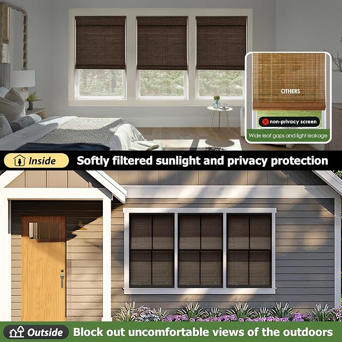 LazBlinds Cordless Bamboo Roman Shades, 31.5x64, BDP-Espresso | Privacy Blinds for Interior Windows, Room Darkening Roll Up Bamboo Blinds for Home & Patio