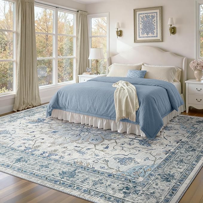 RELEANY Area Rugs 10'x12' Washable Non-Slip, Floral Vintage Distress Print Pattern Medallion Carpet for Living Room Bedroom Dining Room, Light Blue Navy Beige Gray White