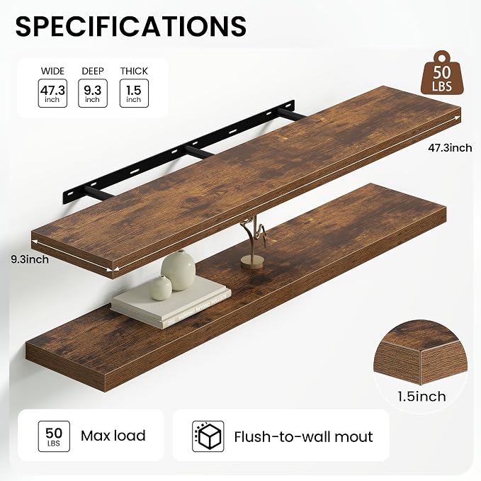 Floating Shelves for Wall 48 Inches Long,9.3" Deep Rustic Brown Floating Shelf Set of 2,Wall Mounted Wood Shelves for Bathroom Bedroom Living Room Kitchen Office,Shelf for Books Storage Room Decor