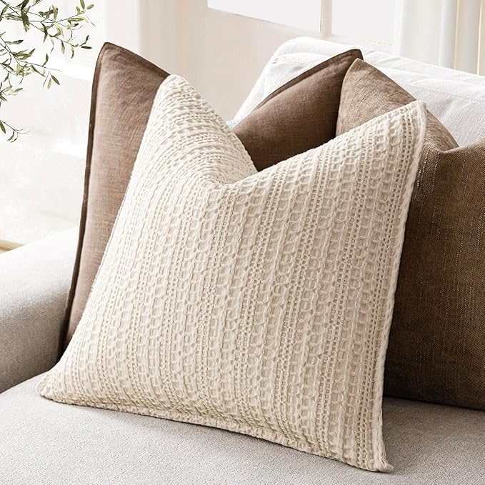 Foindtower Set of 2 Decorative Cotton Waffle Weave Throw Pillow Covers Euro Shams Cushion Covers Accent European Pillowcase for Bed Couch Sofa Bedroom Living Room Home Decor 26×26 Inch Natural Beige