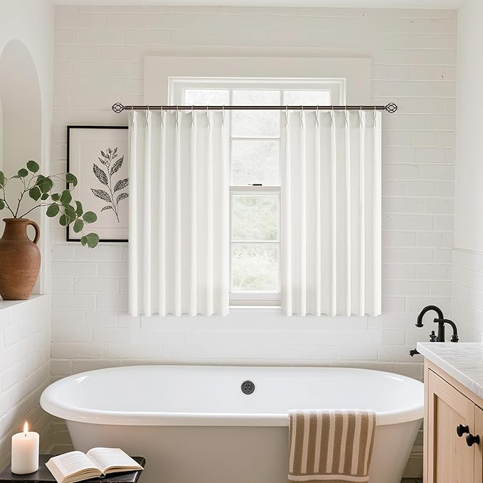 Cream Semi Sheer Linen Pinch Pleated Curtains 36 Inch Long | Ivory Beige Natural Neutral, Extra Short 36 inch, Light-Filtering Privacy, Bay Window, Faux Linen, Hook Rings Memory Shape