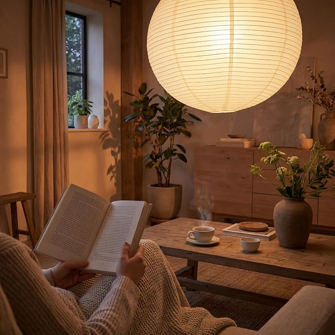 Nogy Japanese Style Lantern Pendant Light - Off White Rice Paper Pendant with Cord Plug in (15ft) 29.5 in