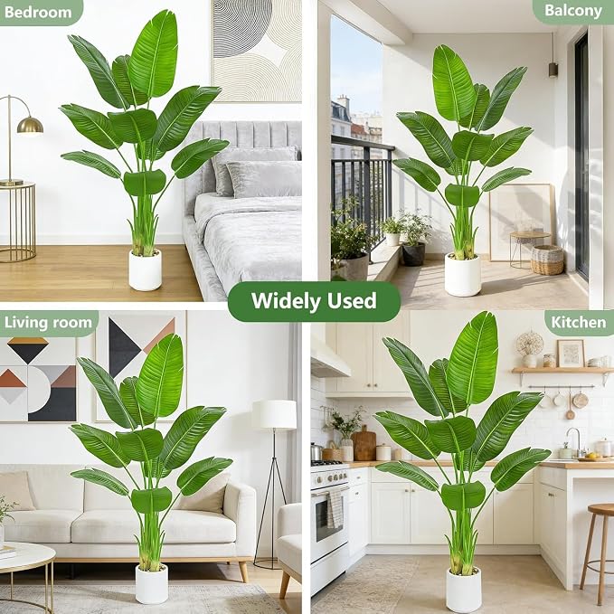 Pack 2 Artificial Bird of Paradise Plant 5FT Fake Palm Tree Faux Plants in White Pot Artificial Tree Fake Plant for Indoor Outdoor Modern Decoration for Home Living Room Office