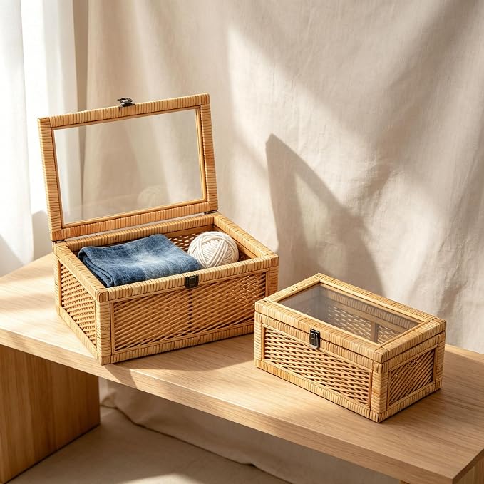 SOFE Rectangular Rattan Storage Box with Lid, Boho Display Box Set of 2, Stackable Decorative Boxes for Home Decor, Multipurpose Shelf Organizer, Natural Color Design, Living Room, Study, Bedroom