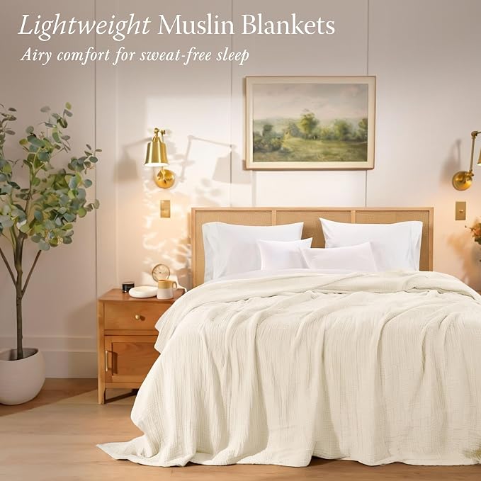 Threadmill Summer Muslin Twin Blanket | 4 Layer 100% Cotton Gauze Blanket | Pre Washed, Soft and Breathable Muslin Throw Blanket | Ideal for All Seasons | Lightweight Picnic Blanket| Natural