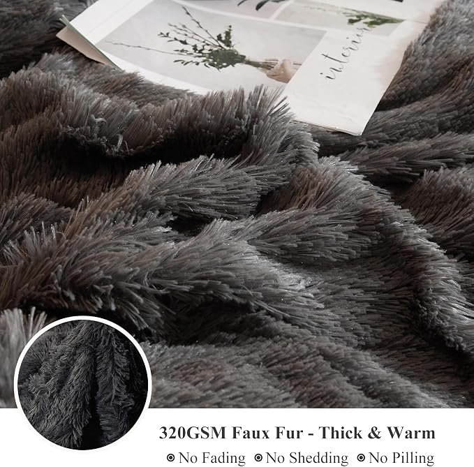 XeGe Plush Shaggy Duvet Cover Set, Luxury Ultra Soft Crystal Velvet Fluffy Bedding Sets 3 Pieces(1 Furry Faux Fur Comforter Cover + 2 Fuzzy Faux Fur Pillowcases), Zipper Closure(Queen, Dark Gray)
