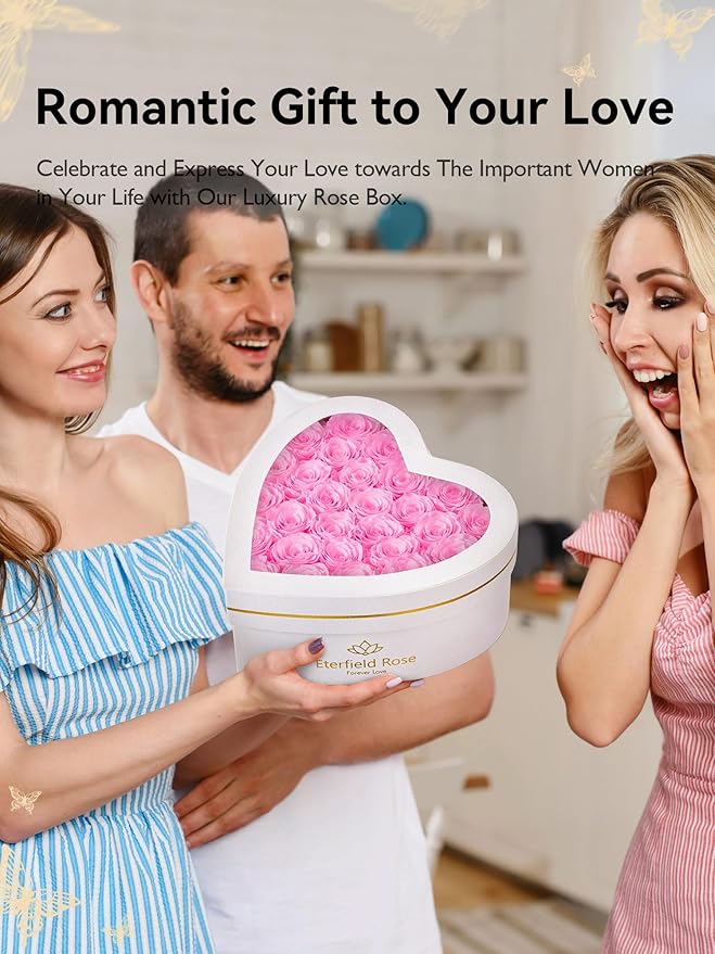 Eterfield 27 Forever Flowers in Heart Shape Box, Preserved Roses That Last a Year Preserved Flowers Birthday Gifts for Her Mom Women Wife Anniversary Valentines Day Mothers Day Christmas, Light Pink