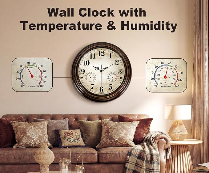 Vintage Wall Clock 13 Inch Quartz Silent Non-Ticking Analog Clock with Thermometer and Hygrometer, Battery Operated Rustic Round Decorative Clock for Living Room Home Office Classroom