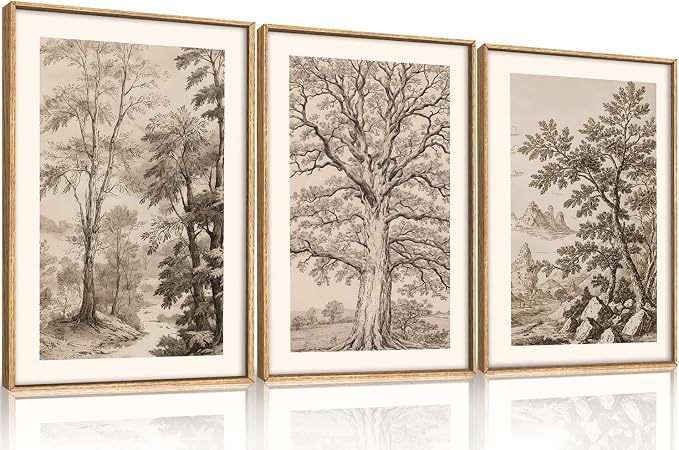 Large Vintage Tree Sketch Framed Canvas Wall Art,Brown and Beige Botanical Wall Decor,Natural Forest Artwork,Textured Landscape Art Print for Living Room,Bedroom,Office- 24"x36"x3